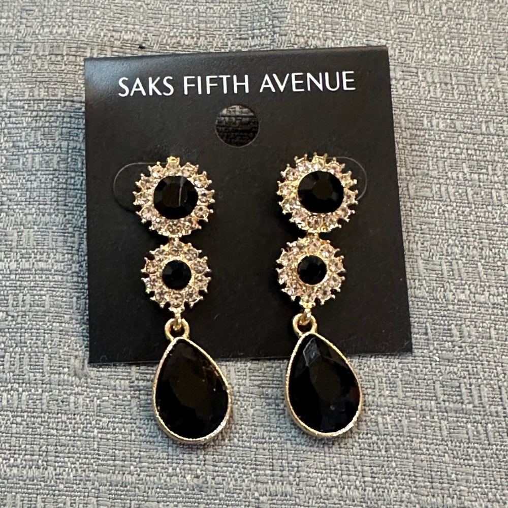 Saks Fifth Avenue Black Gold Tone Crystal Tiered Teardrop Drop Earrings